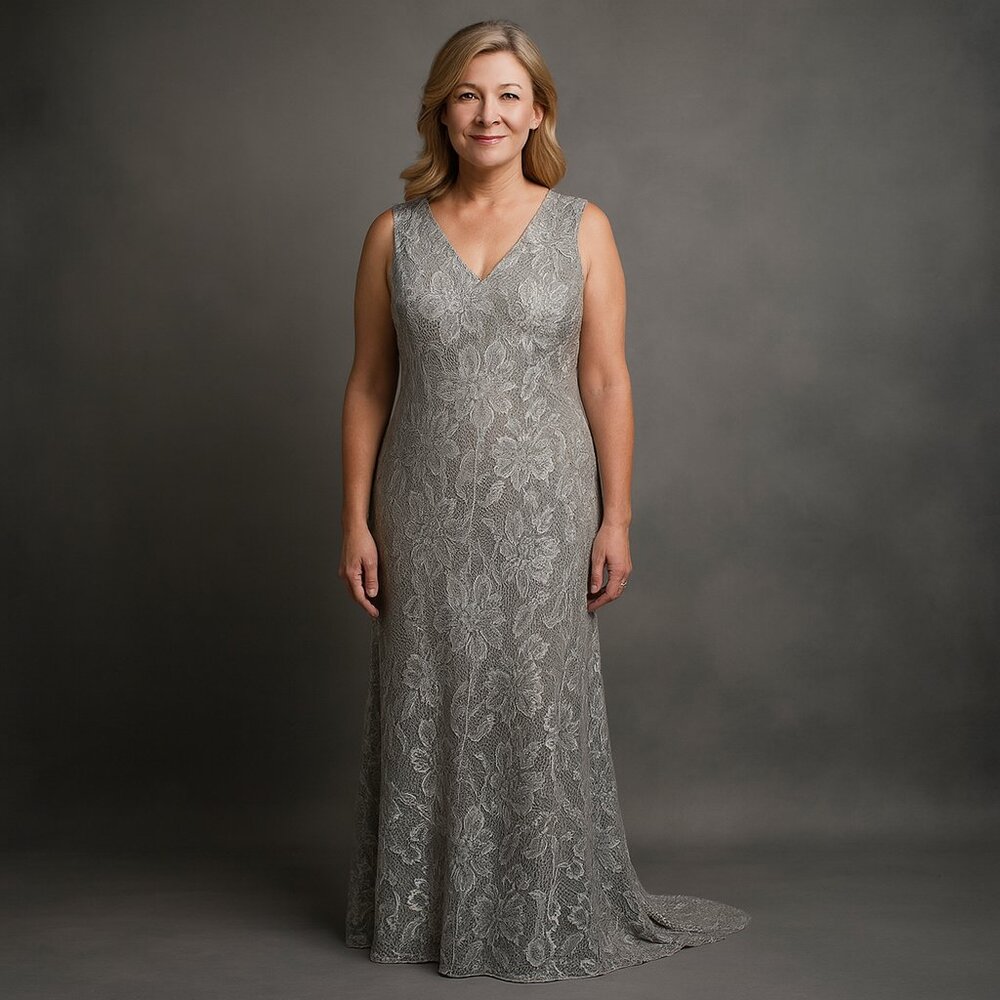 Kelly Bishop Evenings | Silver Floral Lurex Mesh Gown | V-Neck | Sz 14 | US Made